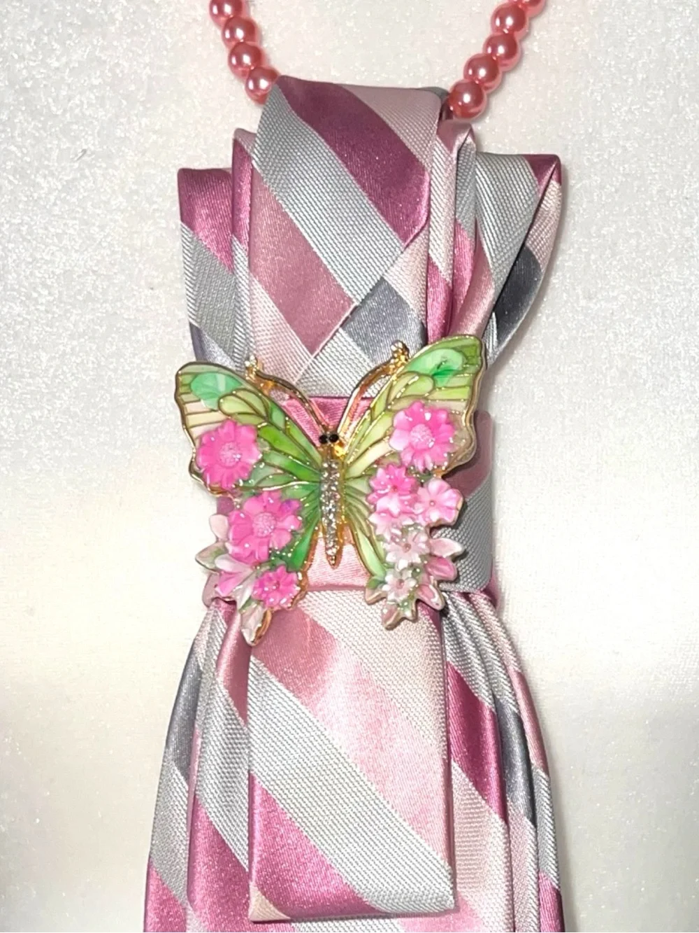 Pink Striped Tie Necklace with Green Butterfly Accent
